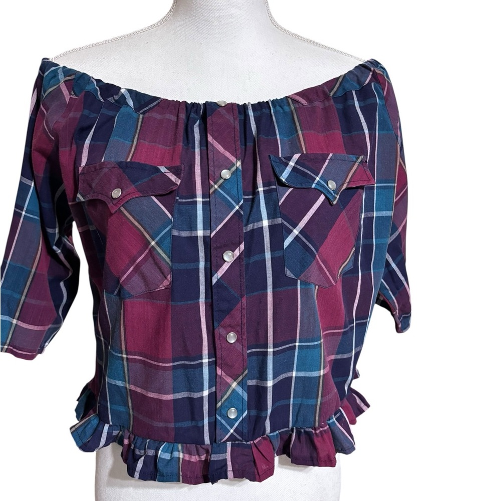 Custom Reworked Western Pearl Snap Off Shoulder Crop Top L Rodeo